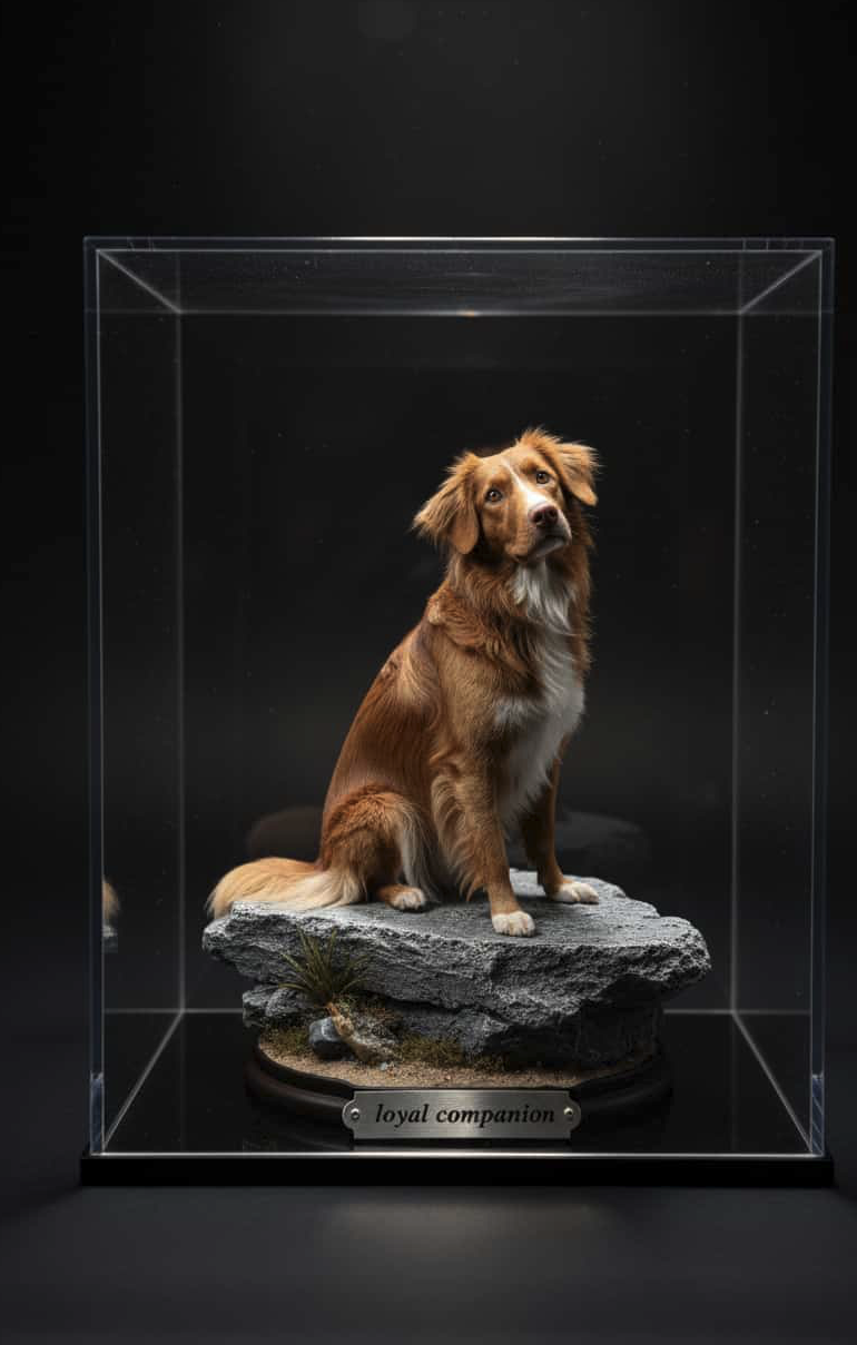 Hyper-realistic resin pet figurine in display case
